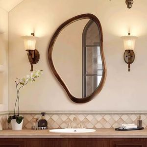 French Style <b>Wall</b> <b>Mirror</b> with Uniquely Shaped Walnut Frame, Suitable for Home and Hotel <b>Settings</b> - Product Image 4