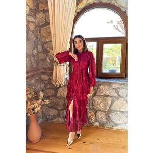 Robe de soirée vintage bordeaux en organza superposé, taille empire, col montant, coupe trapèze, avec détails transparents - Product Image 6