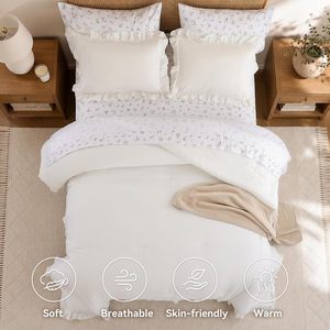 <strong>Ruffle</strong> Comforter Set Floral 7-Piece Cream <strong>White</strong> Shabby Chic Farmhouse Bed Bag All Season Soft Lightweight <strong>Bedding</strong> - Product Image 4