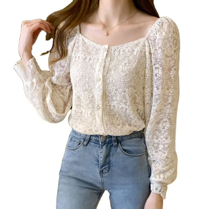 2022 Spring Crochet Lace Women Tops New Korean Square Collar Embroidery Floral Blouse All-match Long Sleeve Shirt