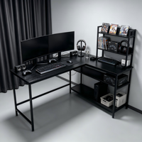 Bureau de jeu en forme de L noir avec support d'écran, étagères de rangement multi-niveaux, poste de travail d'ordinateur d'angle pour la maison et le bureau, idéal pour les étudiants