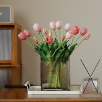 WY70107 Grosir Bunga Tulip Real Touch untuk Dekorasi Vas Pernikahan dan Rumah, Putih Pink 5 Tangkai, Bunga Tulip Buatan