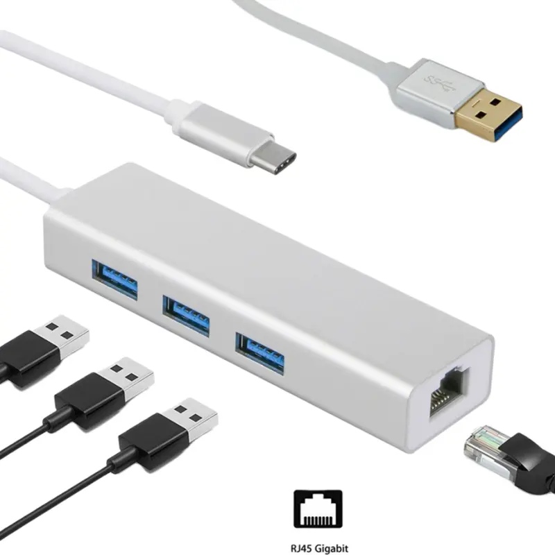 Type-C USB 3.1 Type C to USB 3.0 2.0 HUB USB3.0 3 Port with RJ45 100Mbps 1000Mbps Gigabit Ethernet lan Network Card Adapter