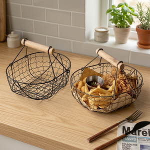 Cesta de almacenamiento redonda de metal con asa, contenedor de alimentos de estilo industrial, cesta de alambre de hierro duradera para uso en la cocina - Product Image 2