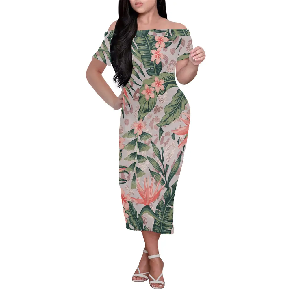 Women Off Shoulder Dress Leopard Skin Printing Short Sleeves Dress Tropical Plants And Flowers Pattern Ladies Knee Length Dress