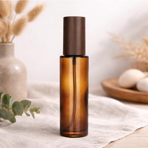 Custom logo 60ml 80ml 100ml 130ml <b>Amber</b> Spray Lotion <b>Bottle</b> <b>Glass</b> Lotion Jar Luxury <b>Glass</b> Cosmetic <b>Bottles</b> with Dark Wood Caps - Product Image 6