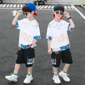 Teenager Boy Swimwear Two Pieces Suit Short Sleeves Blue Letter Print  Patchwork Bathing Suit Surfing Beach Wear Kid Swimsuit - AliExpress