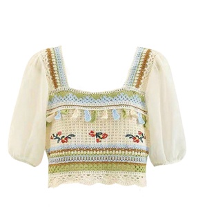 Chemise en mousseline de soie blanche bohème au crochet, broderie florale et papillon, manches courtes, hauts d'été pour femmes - Product Image 6