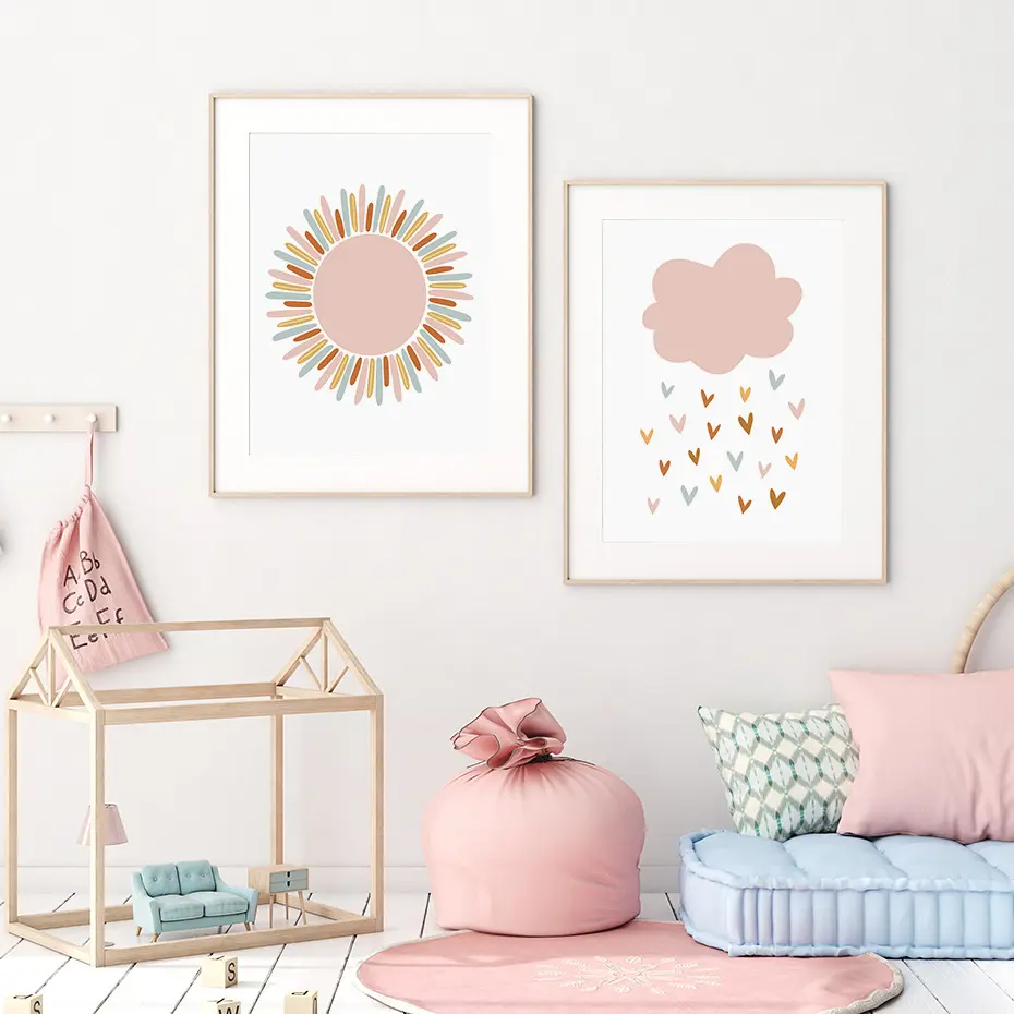売れ筋BOHOレインボー雲ピンク子供女の子寝室装飾キャンバス絵画写真コア家の装飾