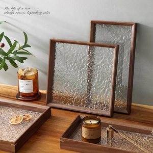 Plateau à thé <span class=keywords><strong>en</strong></span> noyer vintage fait à la main Shabby Chic <span class=keywords><strong>rectangulaire</strong></span> fleur de bégonia assiette <span class=keywords><strong>en</strong></span> <span class=keywords><strong>verre</strong></span> pour le stockage de tasse plats de fête de fruits sûrs - Product Image 1