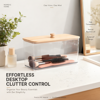 Organisateur de rangement pour salle de bain avec couvercle en bambou, transparent en PET avec couvercle en bois, vente en gros, export