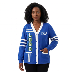 Custom Logos Sororities Universities Design Women's Winter Solid Blue V-Neck Double Breasted <b>Cardigan</b> Sweater Full Sleeve - Product Image 1