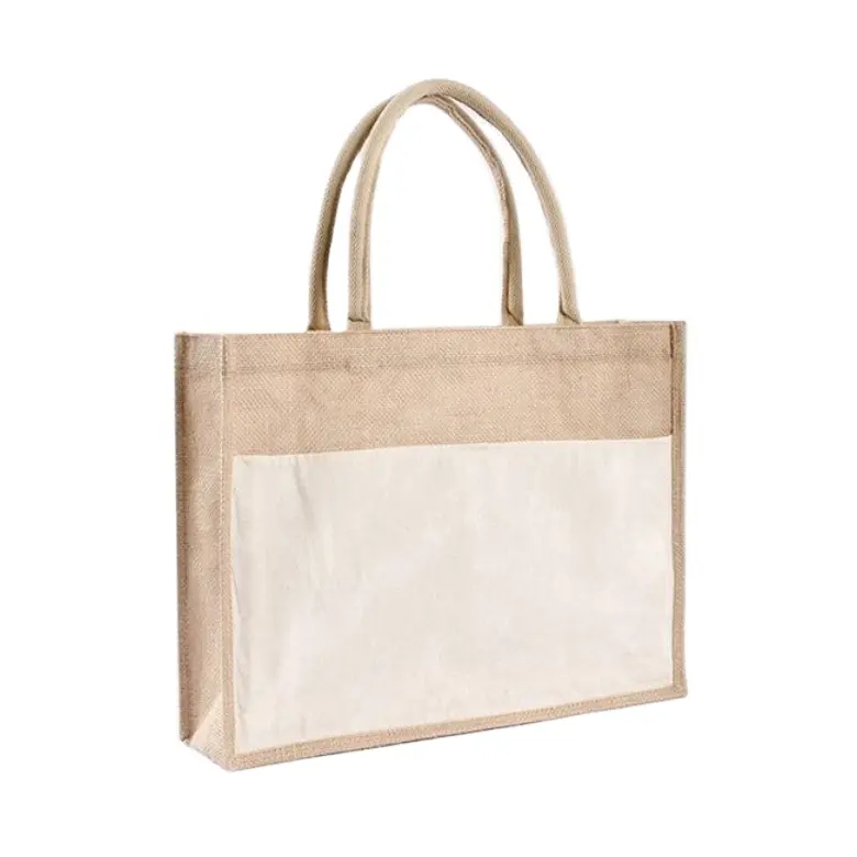 2023 Customize Logo Eco Friendly Stock Blank Accept Custom Logo Front Canvas Pocket Jute Burlap Bags Tote Shopping Bag