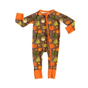 Précommande Combinaison-pyjama personnalisée OEM pour bébés filles, à manches longues, douce et extensible, avec motifs feuilles, tracteurs et citrouilles, zippée, pour l'automne - Product Image 5