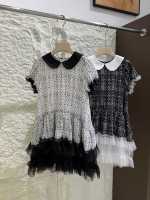 Robe d'été 2026 pour filles, à pois et à carreaux, col Peter Pan contrastant, manches courtes, avec empiècements en tulle, style robe de princesse pour enfants