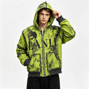 <span class=keywords><strong>Felpa</strong></span> <span class=keywords><strong>con</strong></span> Cappuccio Trendy <span class=keywords><strong>Verde</strong></span> Acido, Design Deconstruito <span class=keywords><strong>con</strong></span> Zip, Grafica a Rilievo, Bordi Grezzi, Stampa Sfumata, Stile Y2K per Uomo - Product Image 1