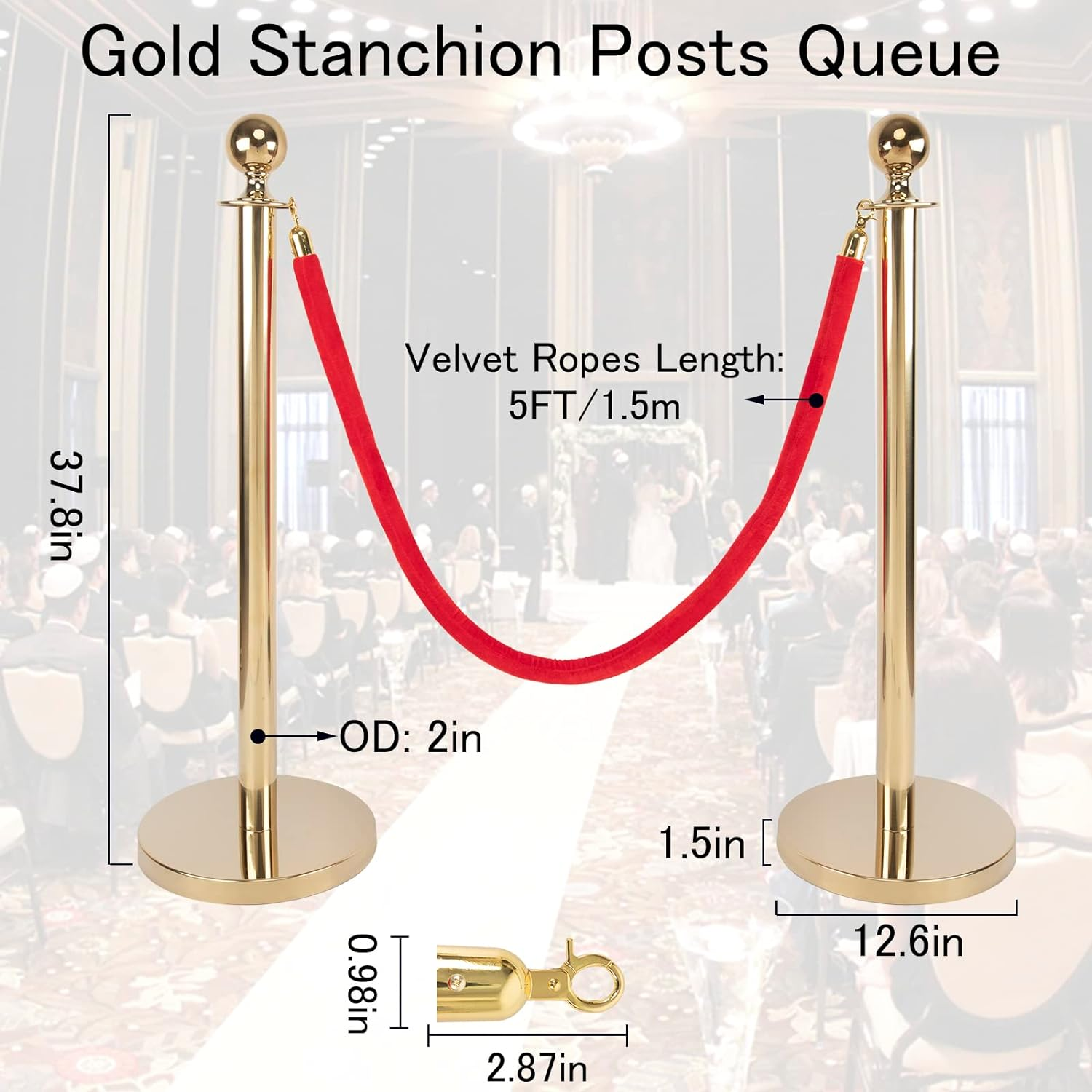 2pcs Silver Stanchions With 5ft Red Velvet Rope Heavy Duty