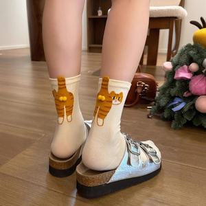 Calcetines Largos de Mujer para Primavera/Verano, Blancos, con Diseño de Gato de Dibujos Animados, Tejidos en Poliéster y Algodón, Absorbentes de Sudor, Lindos y Divertidos - Product Image 1