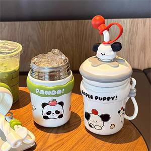 Vaso térmico de acero inoxidable Kapibala 316 para niños, para la escuela, con pajita y asa, gris, verde, rosa - Product Image 1