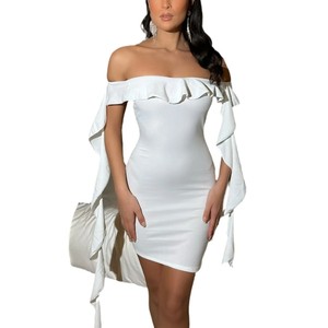 Vestido plisado ajustado de moda para mujer con hombros descubiertos y falda con lazo en la cadera - Product Image 5