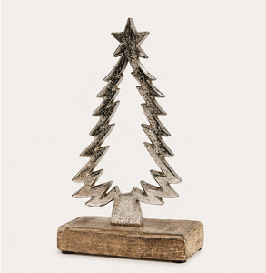 Handcrafted Antique Silver Aluminum Metal <b>Christmas</b> <b>Tree</b> Sculpture with Sturdy Wooden <b>Base</b> <b>For</b> Modern Home Holiday Tabletop - Product Image 5