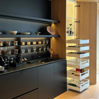 Ensemble d'armoires de cuisine d'angle modernes de luxe avec îlot, en contreplaqué et panneaux mélaminés à surface solide, unité de rangement avec système de levage et porte en acrylique à charnière