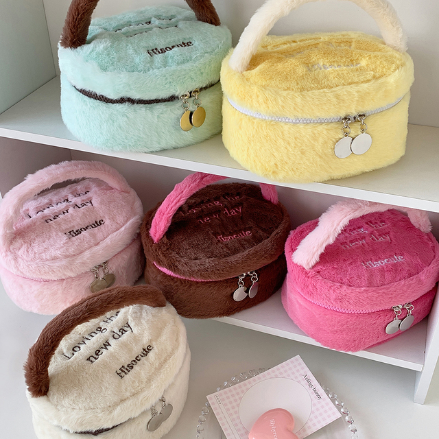 Custom Logo Plush Makeup Bag Small Mini Cosmetic Organizer Zipper Closure Soft Handle Travel Toiletry Storage Pouch for Women