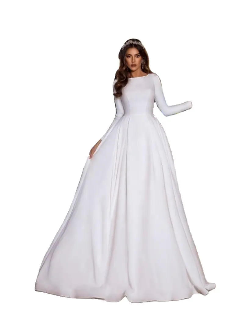 High Quality Egypt Morocco Satin Wedding Dress A Line Long Sleeve Saudi Arabia Bridal Gown