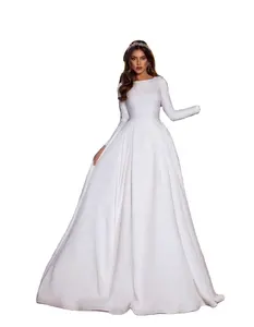 고품질 이집트 모로코 새틴 웨딩 드레스 라인 긴 소매 사우디 아라비아 신부 가운