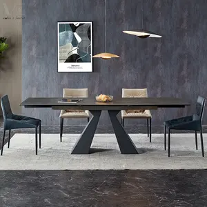 Luxury Modern Expandable Dinning Table Set Stainless Steel Base Kitchen Furniture Black Full Marble Top Extendable Dining Table