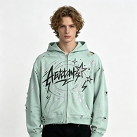 Sweat-shirt à capuche zippé épais vert menthe délavé à l'acide avec imprimé graffiti vieilli, style streetwear pour homme