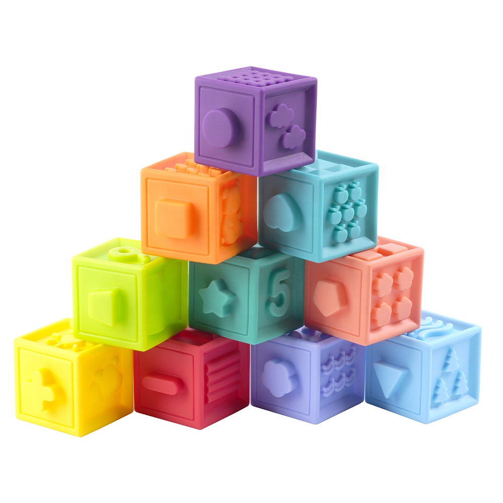 Educational Cube Stacking Blocks Toy Emboss Baby Stacking Toys Kid Rubber Building Toddler PVC Soft Blocks Set