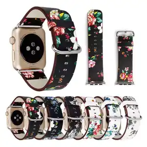 कस्टम फैशन फूल प्रिंट असली लेदर एप्पल घड़ी श्रृंखला एसई के लिए बैंड स्मार्ट घड़ी पट्टियाँ