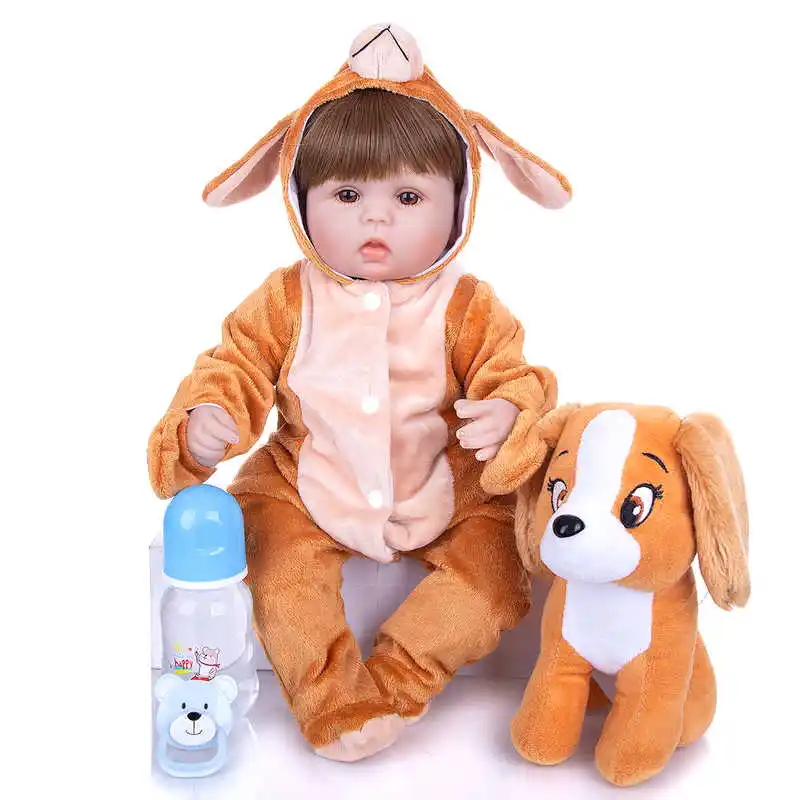 KEIUMI-Muñeca Reborn de 17 pulgadas de silicona suave de 42 cm, cuerpo de algodón, bebé realista, Mono de perro amarillo, muñeca de juguete