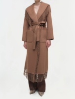 Manteau long coupe-vent en laine de chameau/polyester, col rabattu, ceinture, ourlet à franges, style bohème pour femmes