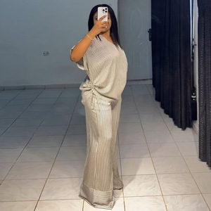 IStapromo Gifts 2026 Summer New Suit Casual Loose V-neck Striped Short Sleeve Top + Wide Leg Pants Women's <b>Set</b> - Product Image 2