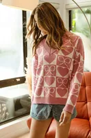 Pull à manches longues en tricot à carreaux avec nœud en forme de cœur pour la Saint-Valentin Pull rose pour femmes