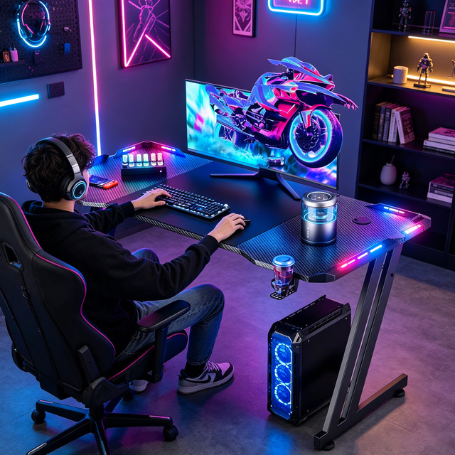 Modern Z Shaped Gaming Desk with LED RGB Lights 120cm Carbon Fiber Surface Ergonomic Computer Table for Home Office Gamers