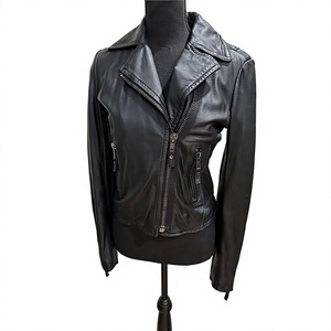 Chaqueta de Cuero Genuino Negra para Mujer, Manga Larga, Cuello Alto, Cierre de Cremallera, Color Sólido - Product Image 1