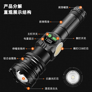 ไฟฉายอลูมิเนียมอัลลอยแบบชาร์จได้ พร้อมไฟด้านข้าง COB จอแสดงผลดิจิตอล ไฟ LED สำหรับกิจกรรมกลางแจ้ง - Product Image 2