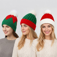 Nouveau bonnet en acrylique tricoté pour Noël, pour hommes et femmes, chaud, avec pompon, pour les fêtes, rouge et vert, bicolore