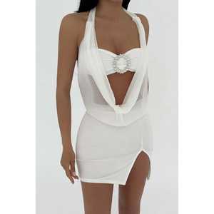 Mini-robe blanche unie avec détails en tulle, taille empire au crochet, volants translucides, élégante et discrète, idéale pour les soirées en club et les remises de diplômes - Product Image 3