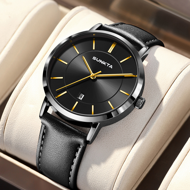 LIGE ST6720 Black Leather Fashion Minimalist Wrist Watch Simple Ultra Thin Waterproof Quartz Watches Gift for Men Women