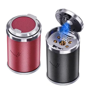 Luxury Leather Car Cup Holder Smokeless Cigarette Ashtray Car Waste Bin Travel Smell Proof LED Car Ashtray With Lid