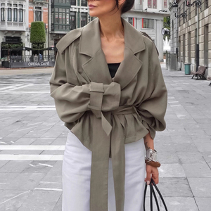 Jxwatcher Spring Autumn Fashion Cropped Double Breasted Button Windbreaker <strong>Coat</strong> Long Sleeves Belted <strong>Trench</strong> <strong>Coat</strong> Short for <strong>Women</strong> - Product Image 1
