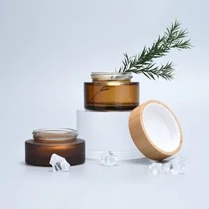 Wholesale 15g 20g 30g 50g cosmetic cream containers frosted amber glass jar with bamboo wood lid engraving logo