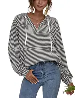 Damen Pullover Hoodies Streifen V-Ausschnitt Langarm Kordel zug Sweatshirt mit Tasche