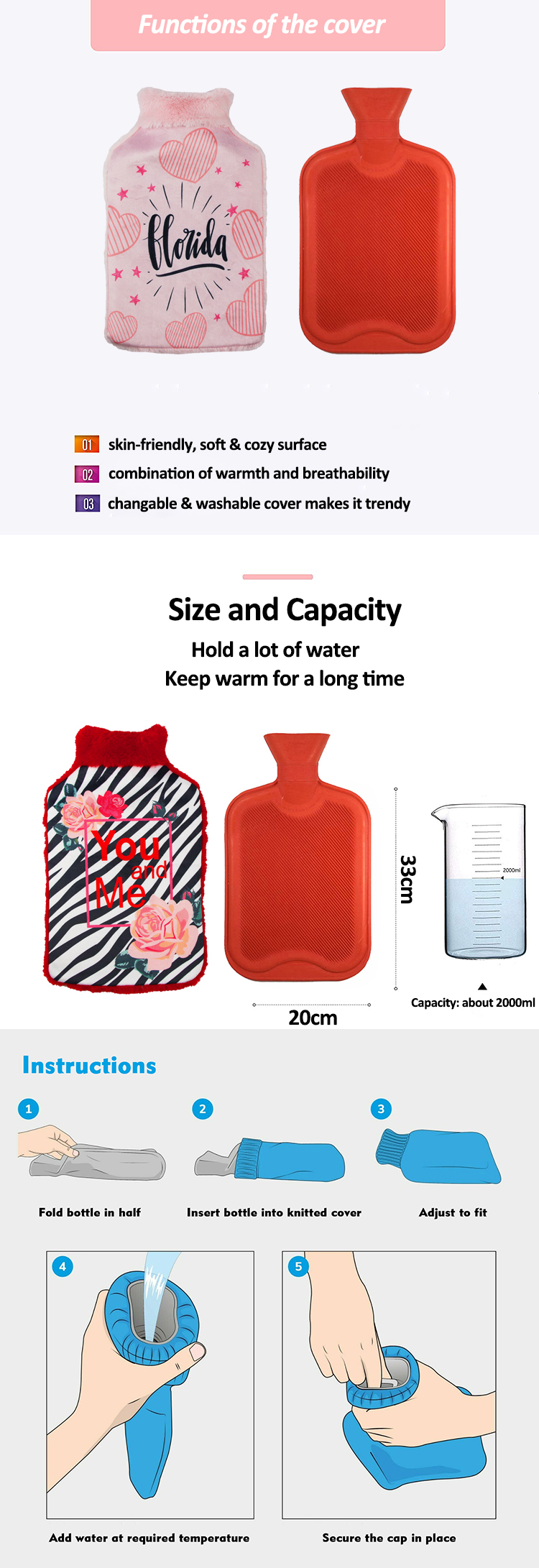branded natural rubber 2l hot therapy water bag with soft cover for pain relief