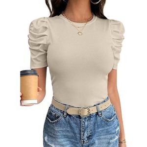 Haut en maille côtelée à col rond et manches bouffantes pour femme, ajusté, décontracté, idéal pour le travail estival, collection Printemps 2026 - Product Image 1