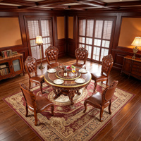 Ensemble de table à manger ronde en bois massif de style vintage européen avec plateau tournant et chaises en cuir PU sculptées à la main, mobilier de salle à manger en gros